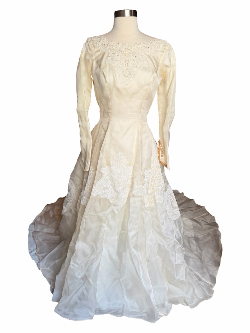 Vintage 1960s 60s Wedding Dress with Train Lace Beading Union Made